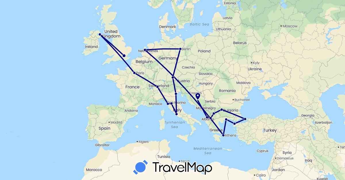 TravelMap itinerary: driving in Albania, Bosnia and Herzegovina, Bulgaria, Switzerland, Germany, France, United Kingdom, Greece, Italy, Macedonia, Netherlands, Turkey (Asia, Europe)